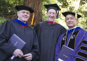 A photo of CSU Board of Trustees Chair A. Robert Linscheid, SF Giants President and CEO Larry Baer and SF State President Leslie E. Wong